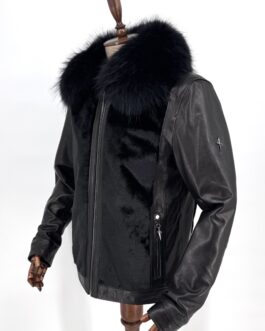 Мъжко яке от естествена кожа и алкантара с яка от естествен косъм на лисица