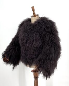 Луксозно дамско палто от естествена кожа с косъм от монголско агне в тъмнокафяво