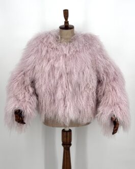 Луксозно дамско палто от естествена кожа с косъм от монголско агне в розово