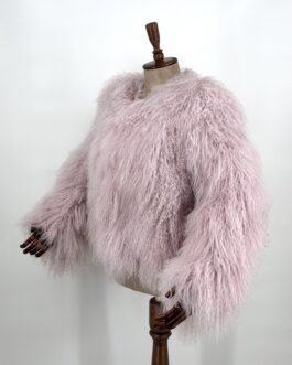 Луксозно дамско палто от естествена кожа с косъм от монголско агне в розово