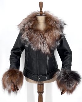 Дамски кожух от естествена агнешка кожа и естествен косъм на лисица 01