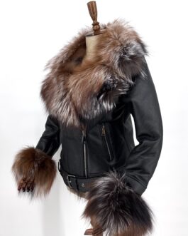 Дамски кожух от естествена агнешка кожа и естествен косъм на лисица 01