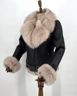 Дамски кожух от естествена агнешка кожа и естествен косъм на лисица 02