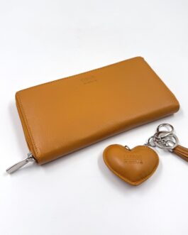 Дамски портфейл и ключодържател от естествена кожа в цвят горчица 01036