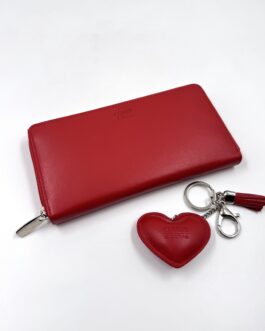 Дамски портфейл и ключодържател от естествена кожа в червено 01036