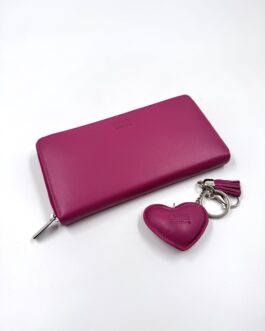 Дамски портфейл и ключодържател от естествена кожа в цвят фуксия 01036