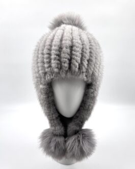 Дамска шапка от естествен косъм на норка с три помпона в сиво 2