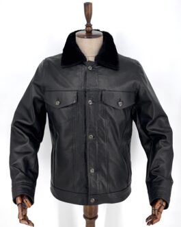 Мъжки кожух от естествена телешка кожа в черен цвят 032