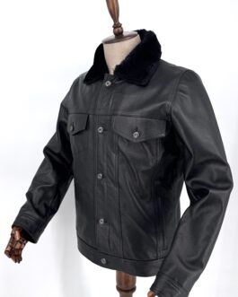 Мъжки кожух от естествена телешка кожа в черен цвят 032