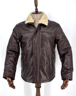 Мъжко зимно винтидж яке от естествена кожа в тъмнокафяво