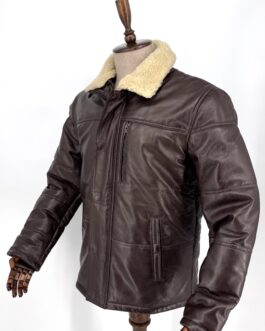 Мъжко зимно винтидж яке от естествена кожа в тъмнокафяво
