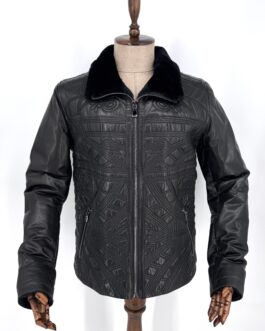 Мъжко зимно яке от естествена агнешка кожа в черно 09