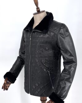 Мъжко зимно яке от естествена агнешка кожа в черно 09