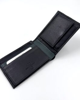 Мъжки портфейл от естествена кожа в черно със зелен конец 0028