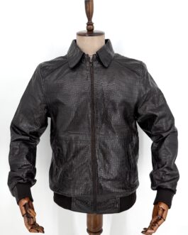 Мъжки бомбър от естествена кожа с кроко щампа в тъмнокафяво