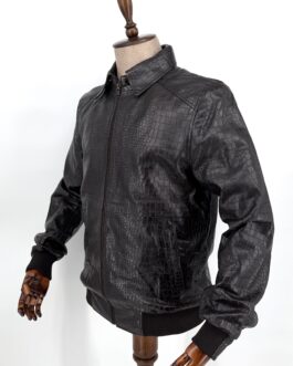 Мъжки бомбър от естествена кожа с кроко щампа в тъмнокафяво