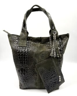 Дамска чанта тип торба от естествен велур в тъмнозелено 220-1