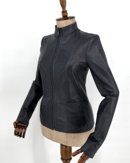 Дамско яке от естествена кожа в тъмносиньо 077