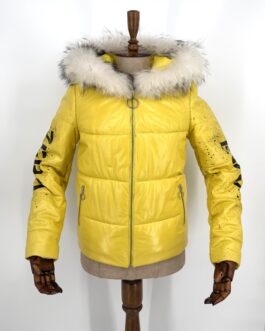Дамско яке с качулка от естествена кожа в жълто