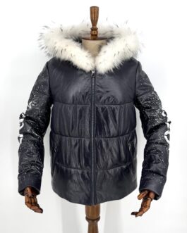 Дамско яке с качулка от естествена кожа в тъмносиньо