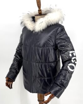 Дамско яке с качулка от естествена кожа в тъмносиньо