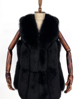 Дълъг дамски елек от естествен косъм на лисица в черно 094