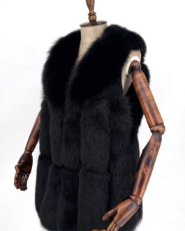 Дълъг дамски елек от естествен косъм на лисица в черно 094