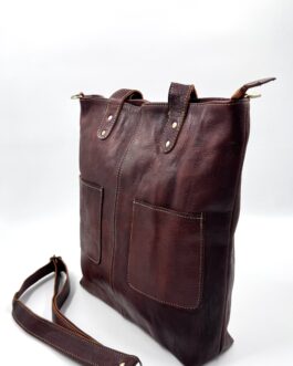 Голяма дамска чанта от естествена кожа в кафяво 344