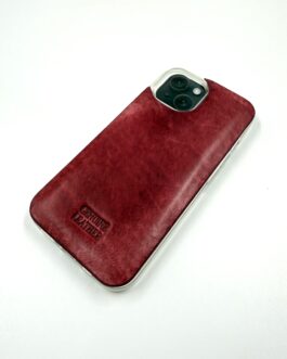 Кейс за Iphone 14 от естествена кожа в тъмночервено