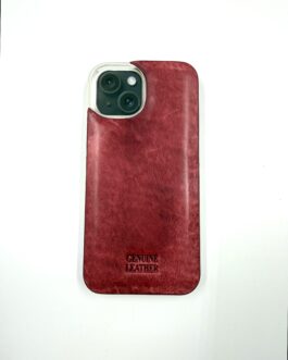 Кейс за Iphone 14 от естествена кожа в тъмночервено
