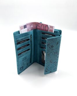 Дамски портфейл на цветя от естествена кожа в зелено 10-855